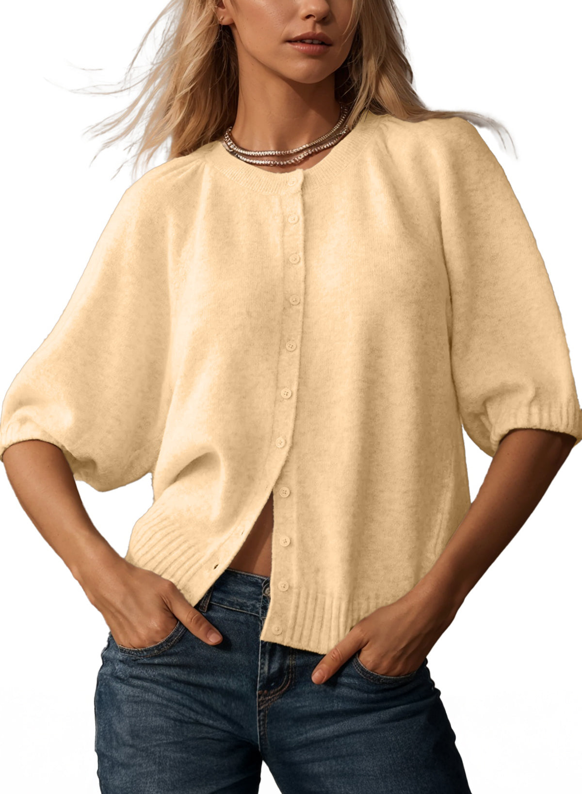 Puff-Sleeve Cardigan Sweater