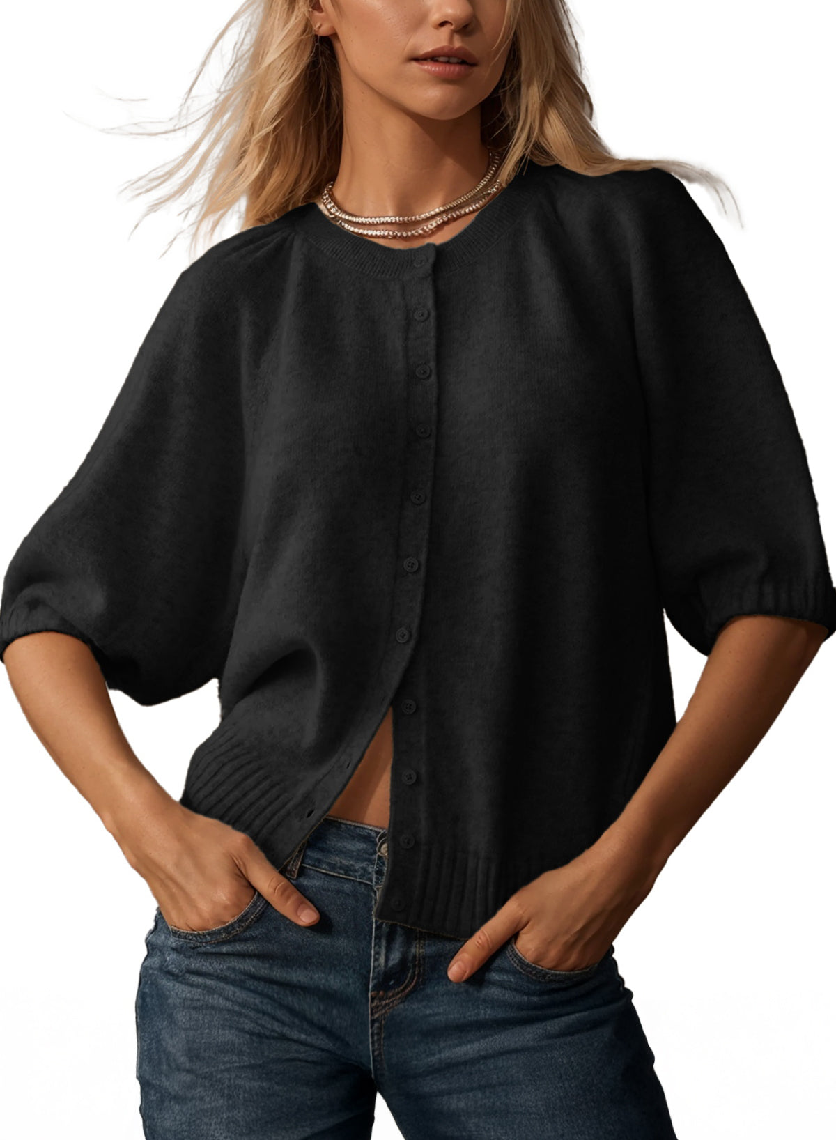 Puff-Sleeve Cardigan Sweater