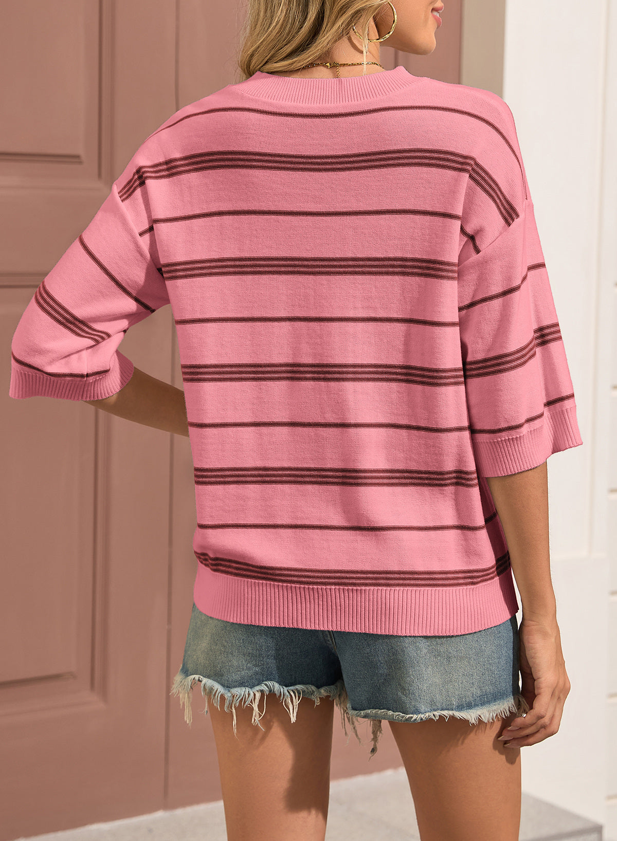 Drop Shoulder Ribbed Trim Loose Half Sleeve Sweater