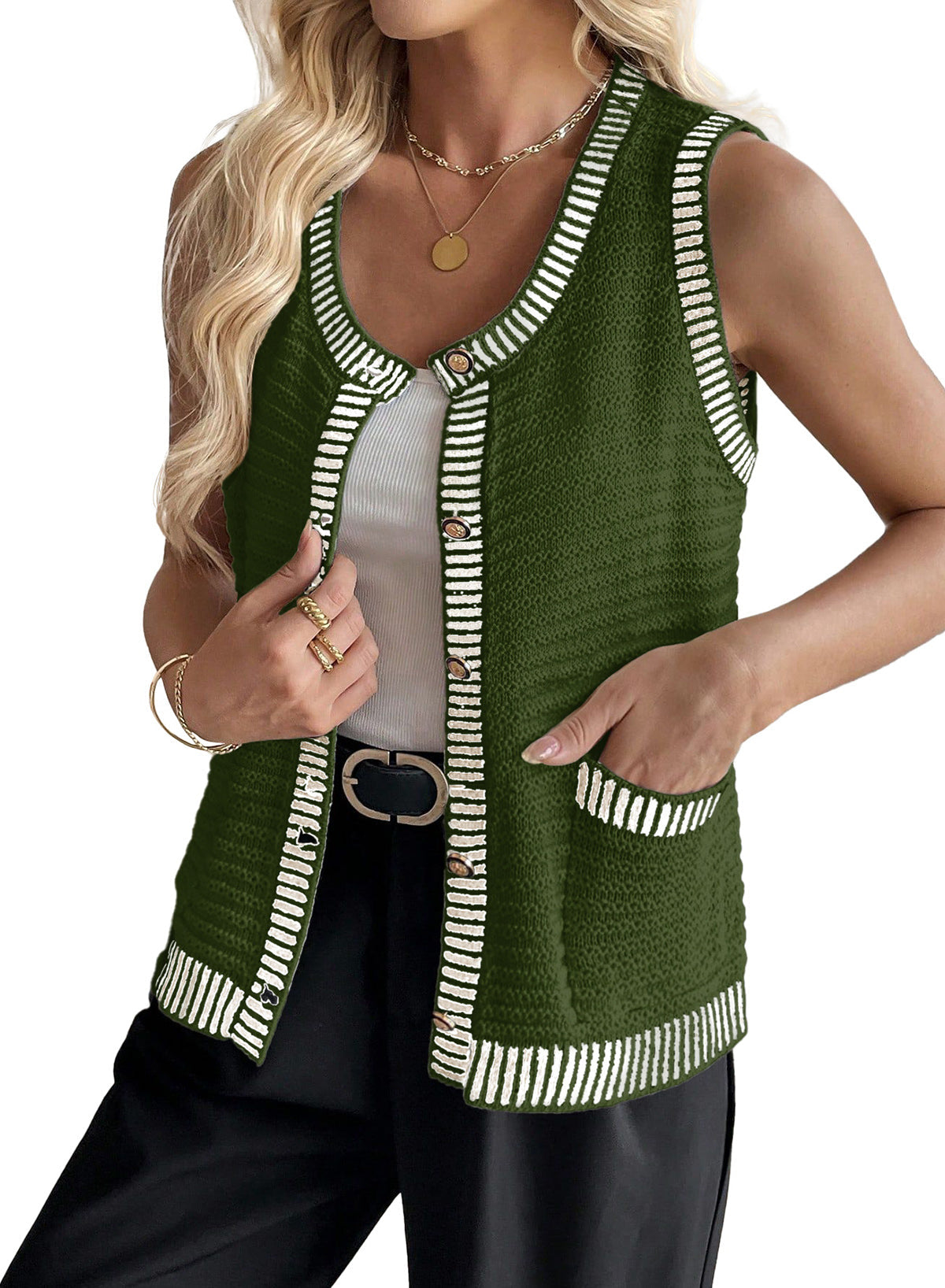 Contrast Trim Button Down Round Neck Sleeveless Knit Cardigans