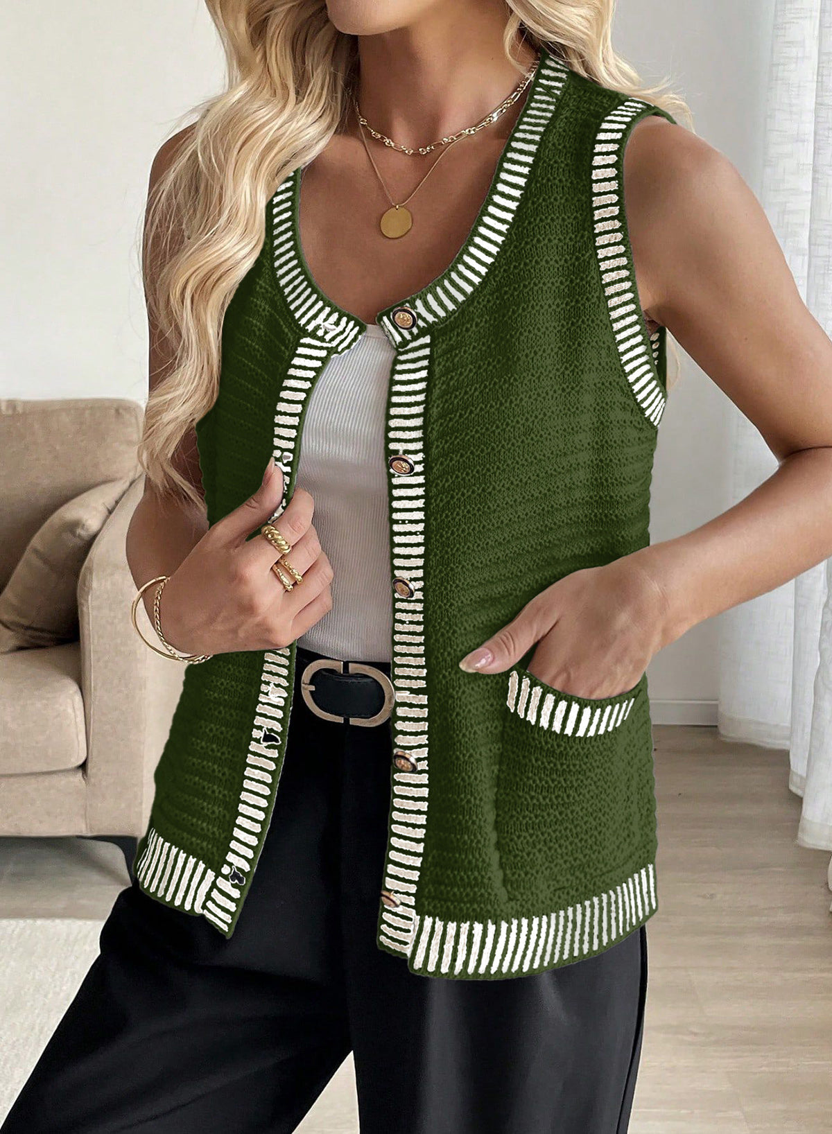 Contrast Trim Button Down Round Neck Sleeveless Knit Cardigans
