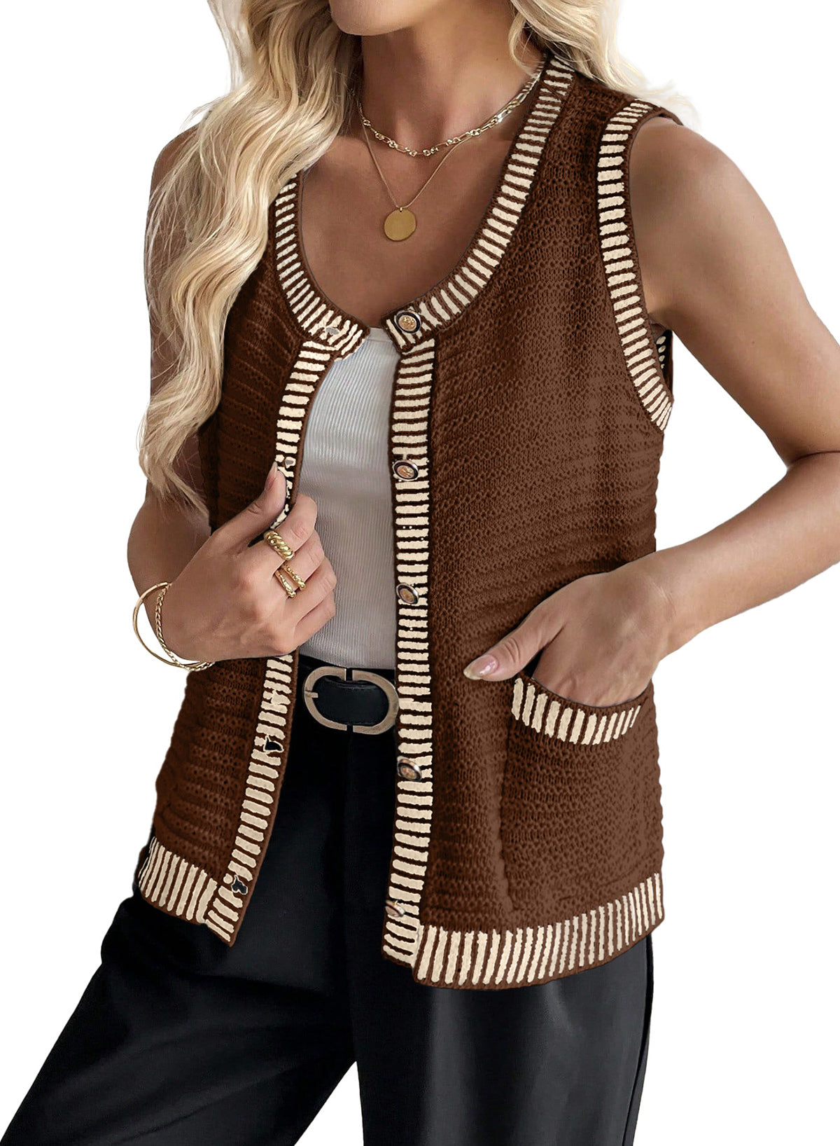 Contrast Trim Button Down Round Neck Sleeveless Knit Cardigans