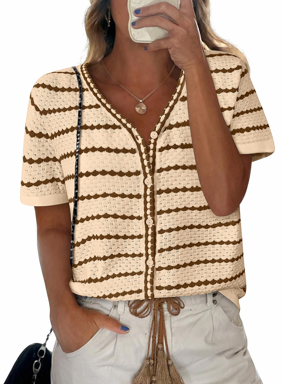 Women's Short Sleeve Sweater Spring Summer Crochet Knit Tops 2025 V Neck Striped Button Down Dressy Casual Blouses
