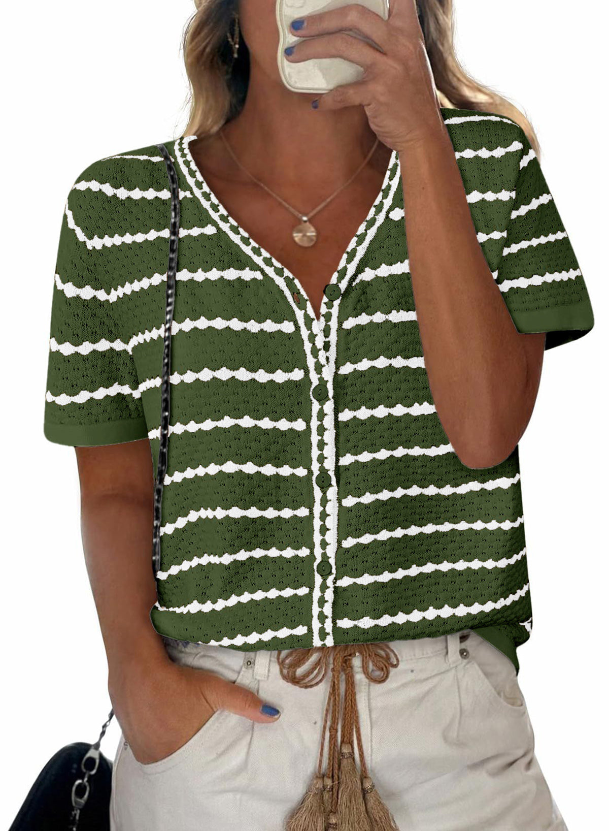 Women's Short Sleeve Sweater Spring Summer Crochet Knit Tops 2025 V Neck Striped Button Down Dressy Casual Blouses