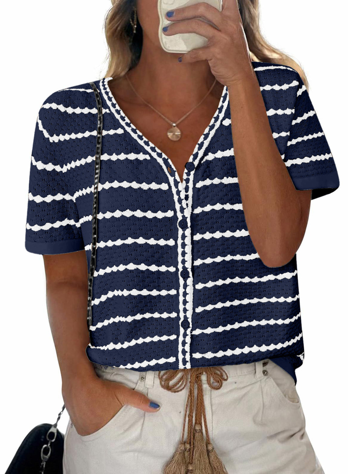 Women's Short Sleeve Sweater Spring Summer Crochet Knit Tops 2025 V Neck Striped Button Down Dressy Casual Blouses