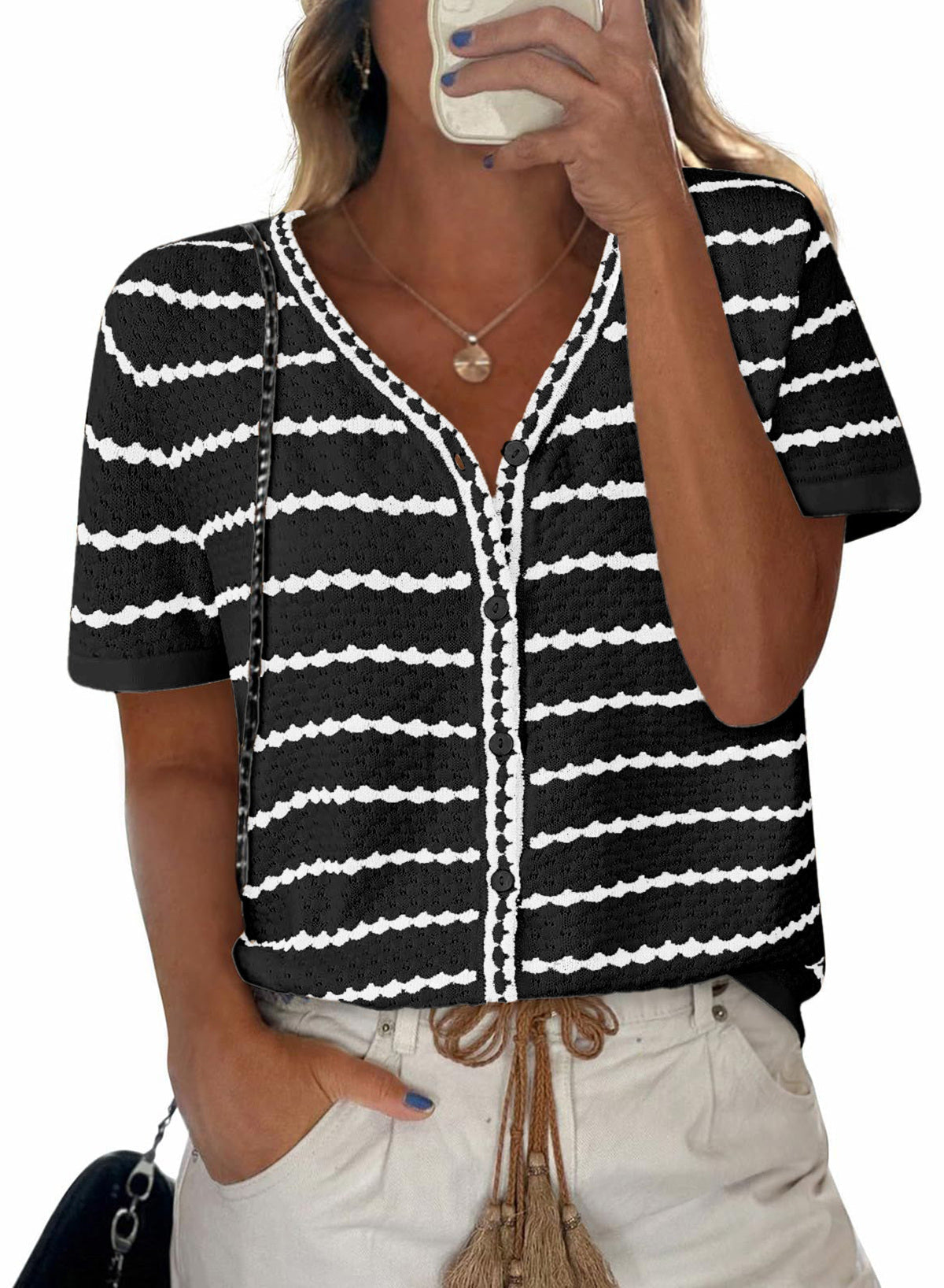 Women's Short Sleeve Sweater Spring Summer Crochet Knit Tops 2025 V Neck Striped Button Down Dressy Casual Blouses