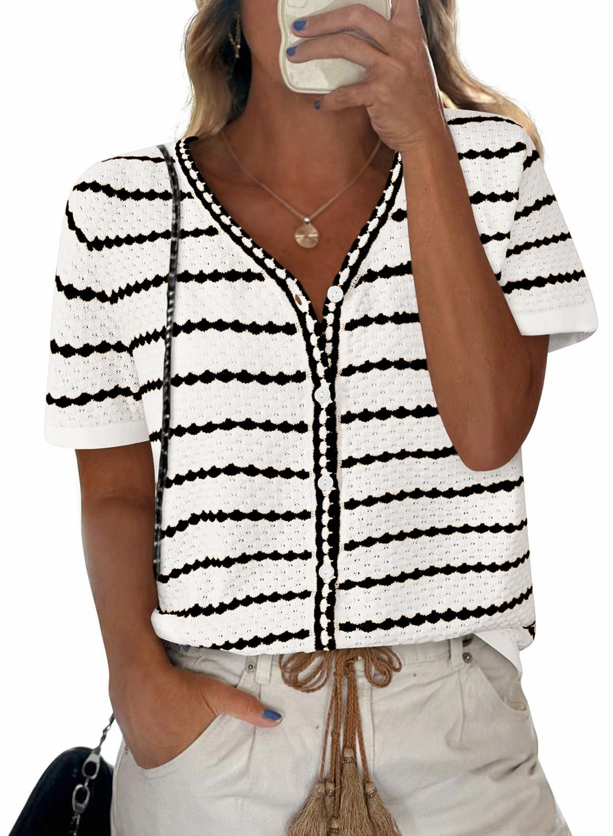 Women's Short Sleeve Sweater Spring Summer Crochet Knit Tops 2025 V Neck Striped Button Down Dressy Casual Blouses