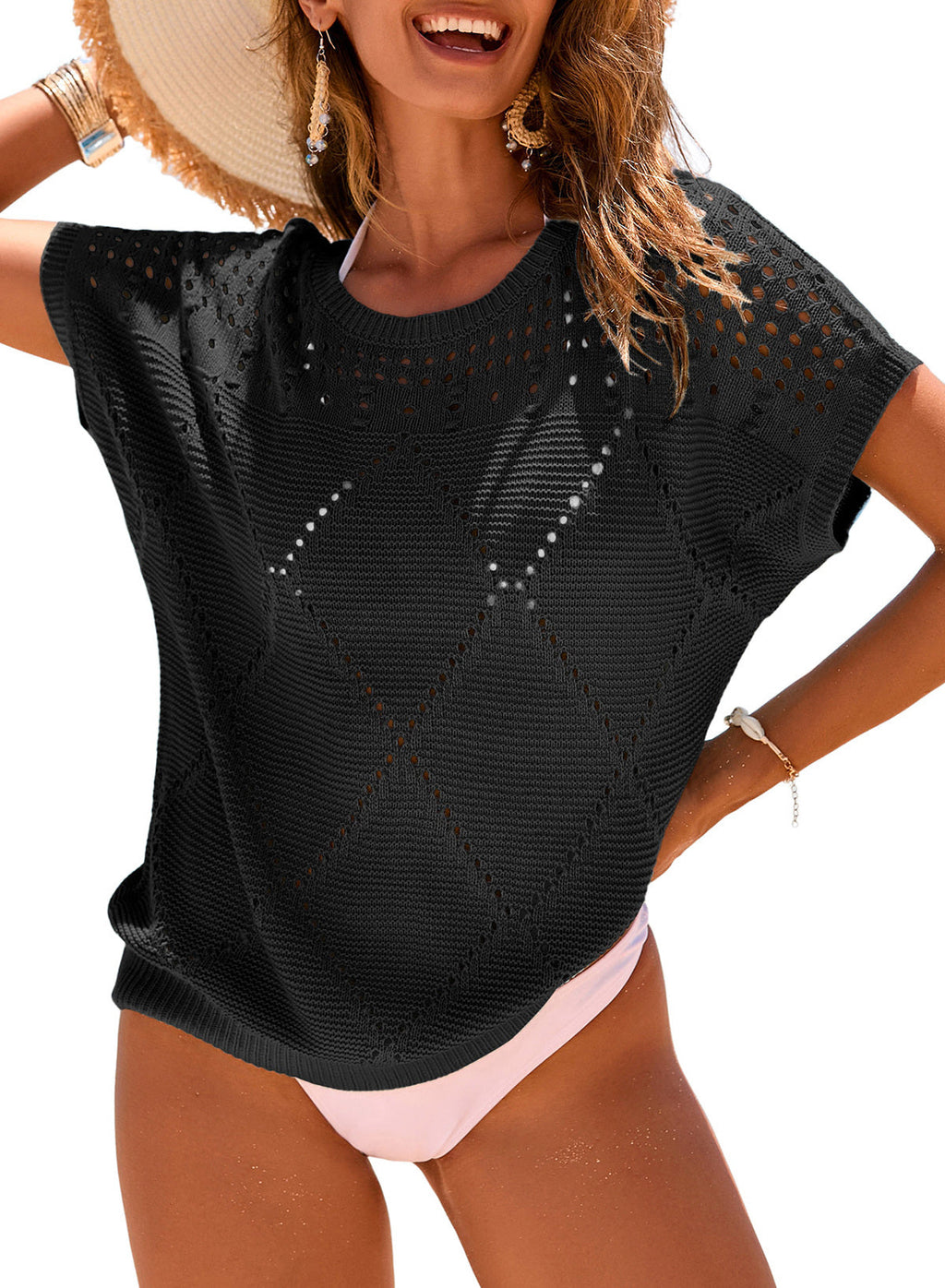 Solid Color Hollowed Detail Rhombus Pattern Knit Short Sleeve Sweater
