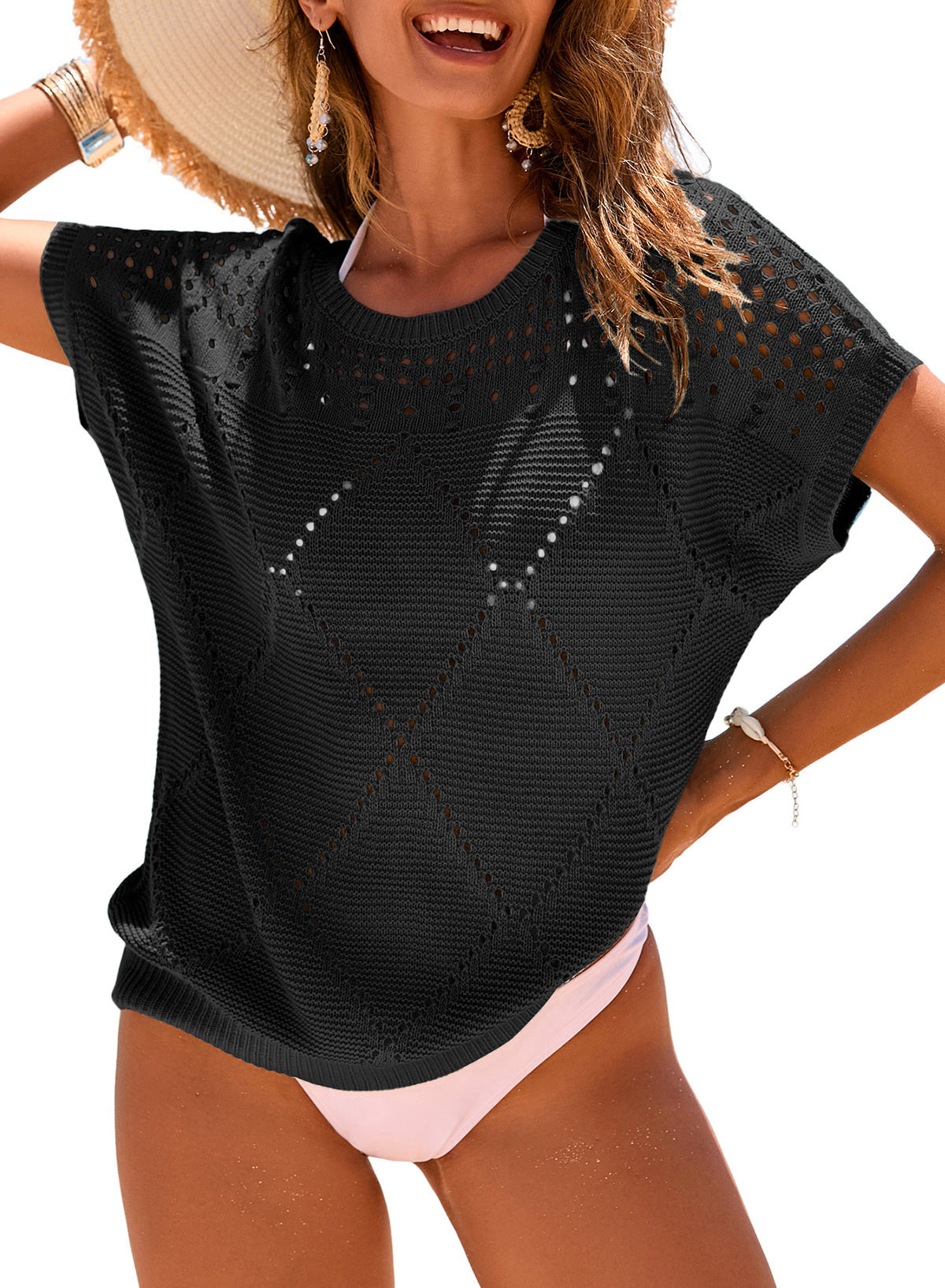 Solid Color Hollowed Detail Rhombus Pattern Knit Short Sleeve Sweater