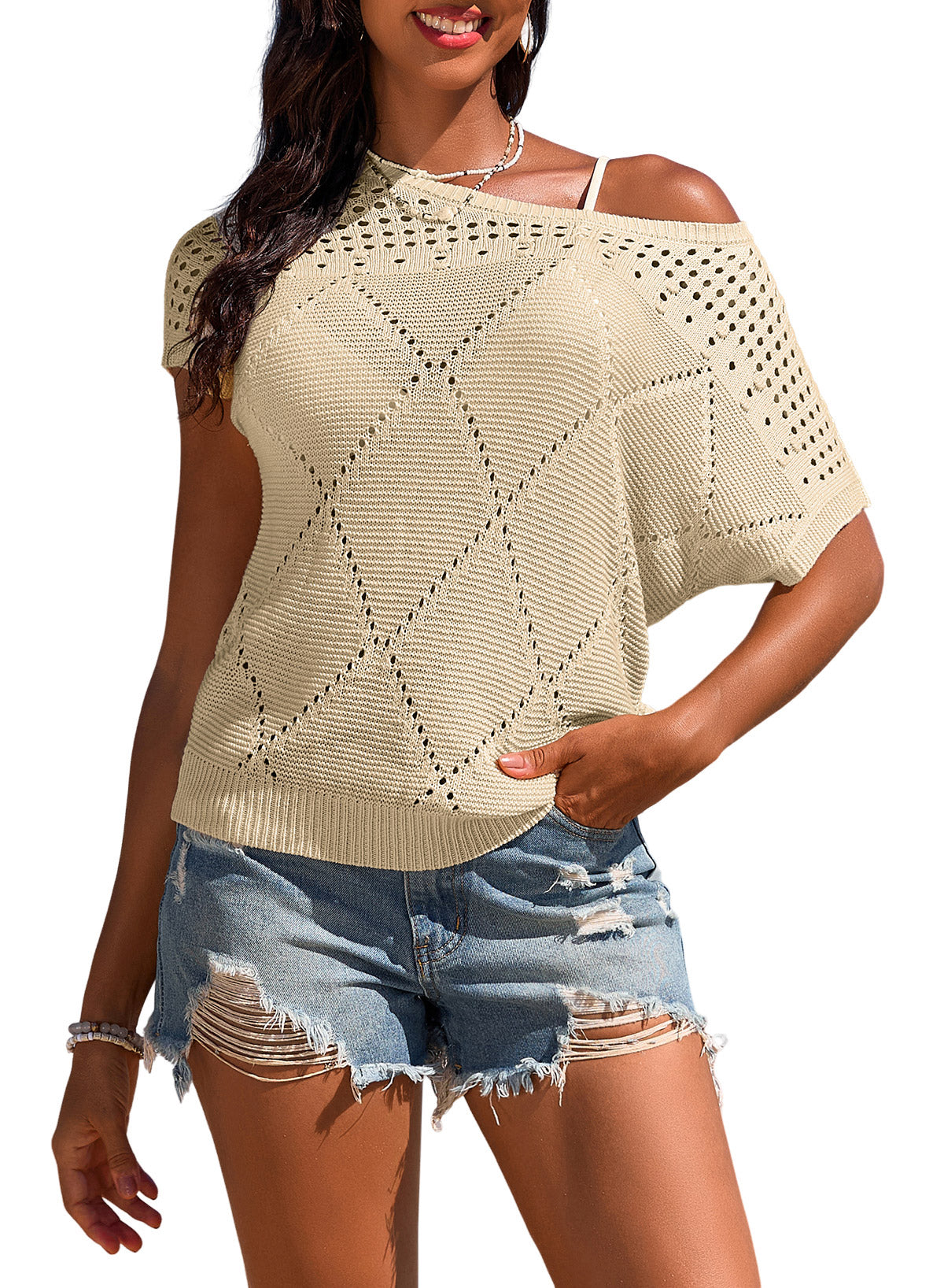Solid Color Hollowed Detail Rhombus Pattern Knit Short Sleeve Sweater