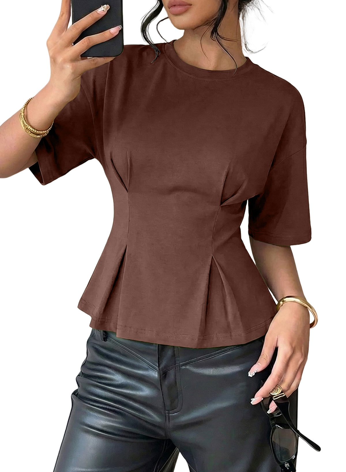 Peplum T-Shirt With Cinched Waist And Three Quarter Sleeves For Casual Office Wear