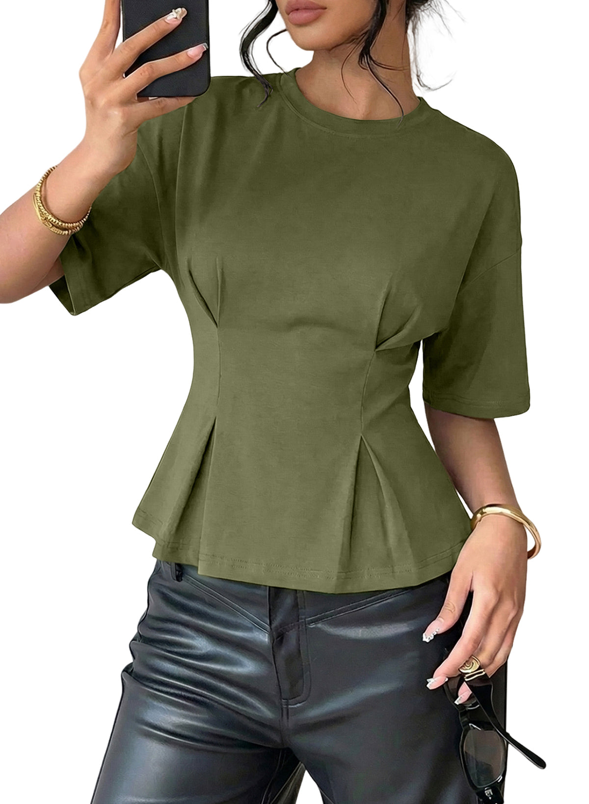Peplum T-Shirt With Cinched Waist And Three Quarter Sleeves For Casual Office Wear
