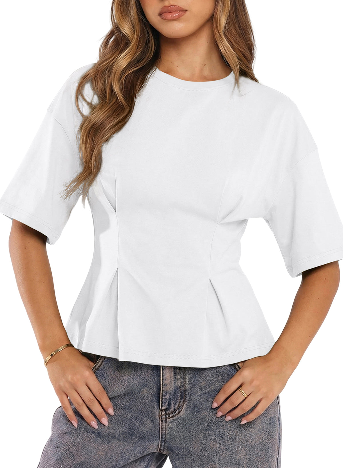 Peplum T-Shirt With Cinched Waist And Three Quarter Sleeves For Casual Office Wear