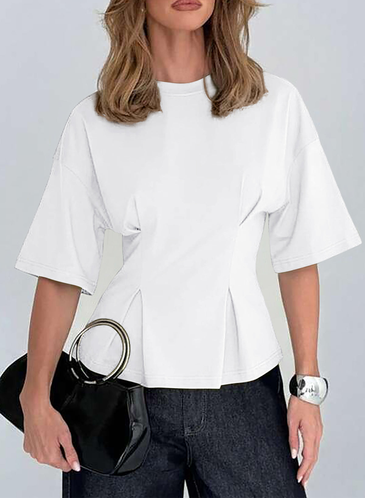 Peplum T-Shirt With Cinched Waist And Three Quarter Sleeves For Casual Office Wear