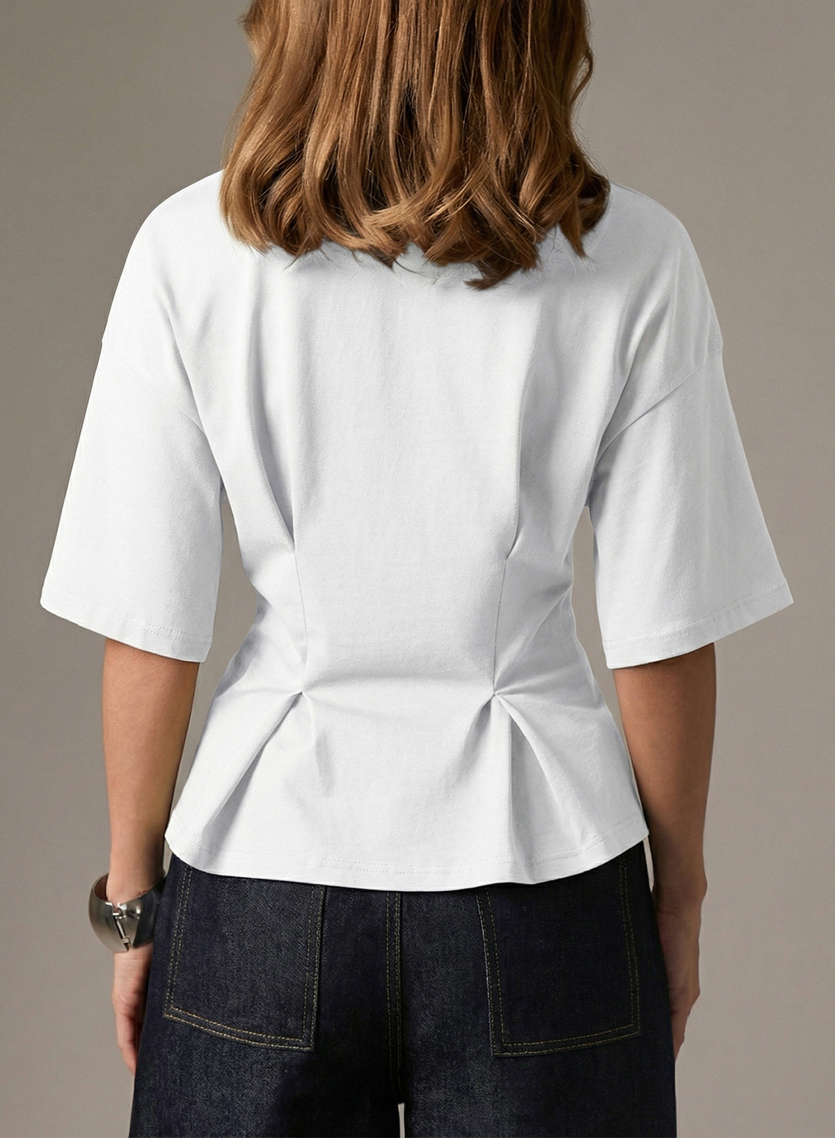 Peplum T-Shirt With Cinched Waist And Three Quarter Sleeves For Casual Office Wear