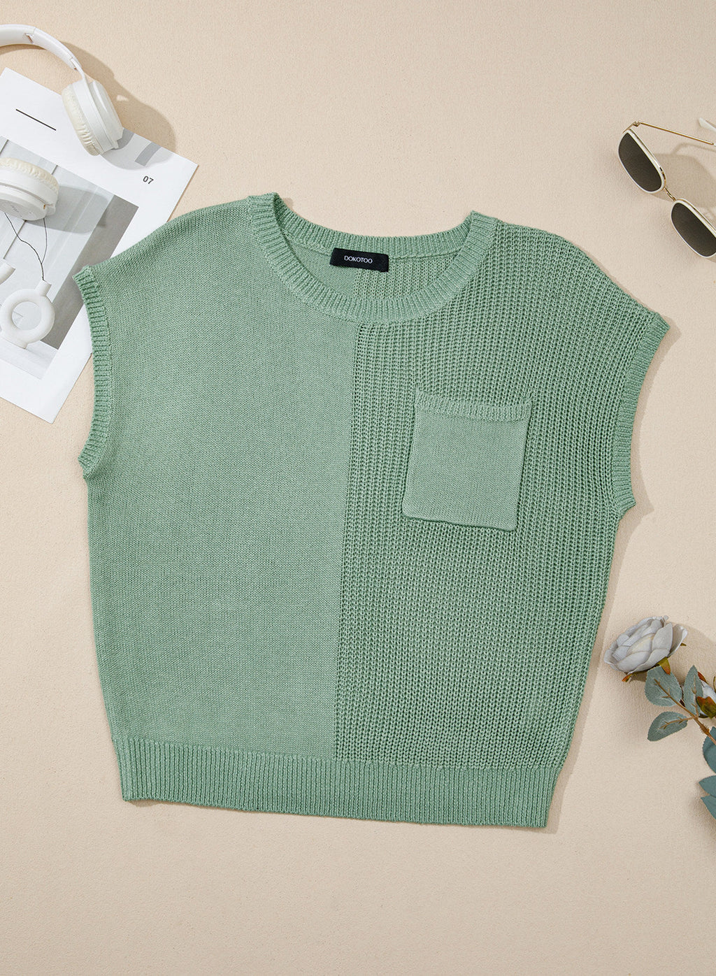 Mixed Knits Pocket Accented Short Sleeve Sweater