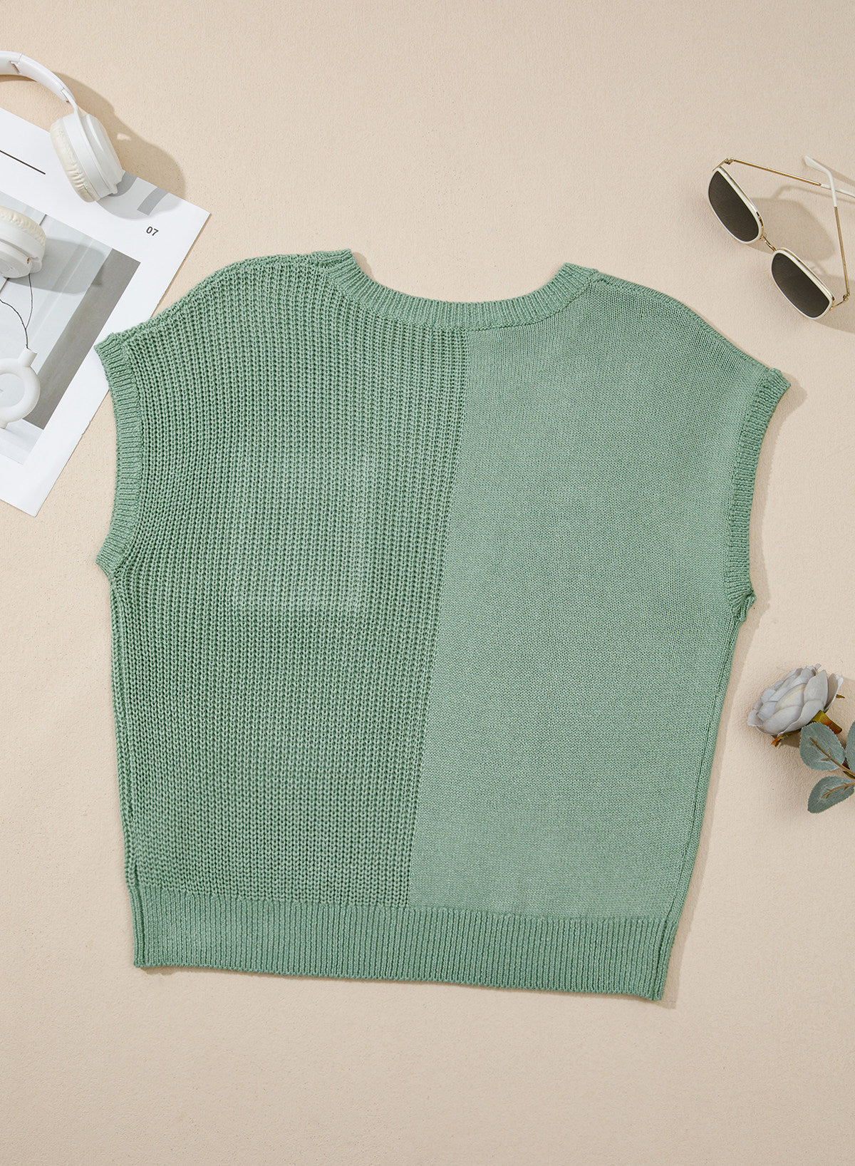 Mixed Knits Pocket Accented Short Sleeve Sweater