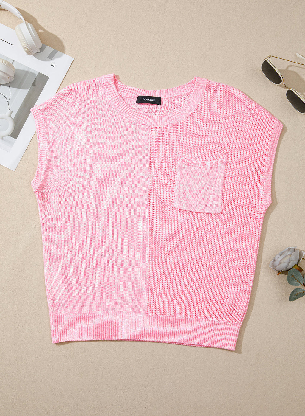 Mixed Knits Pocket Accented Short Sleeve Sweater