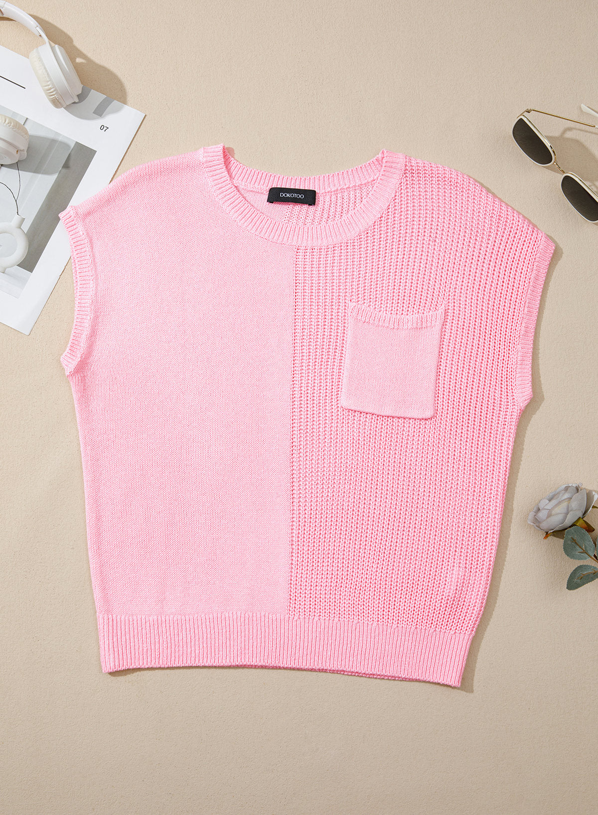 Mixed Knits Pocket Accented Short Sleeve Sweater