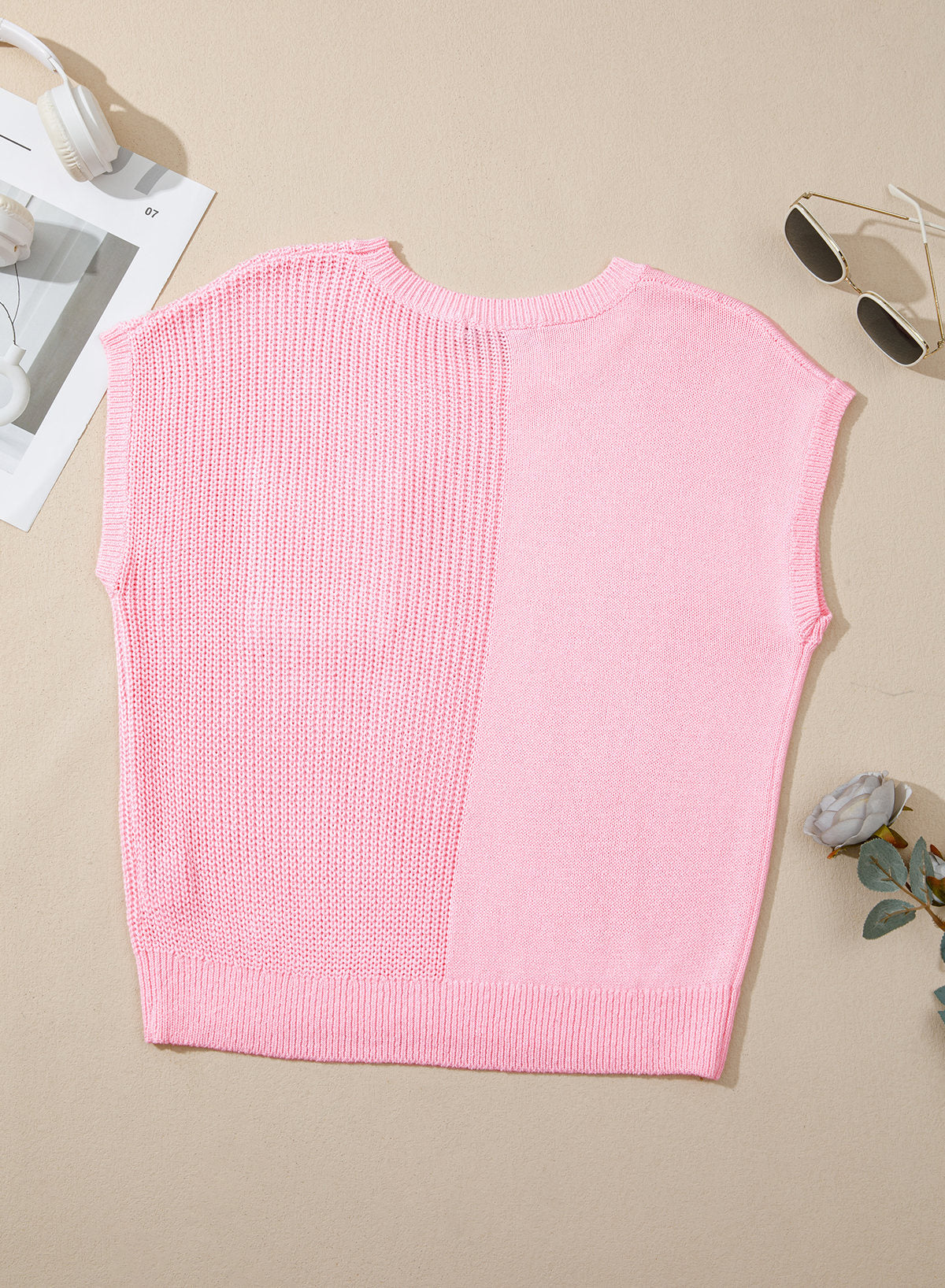 Mixed Knits Pocket Accented Short Sleeve Sweater