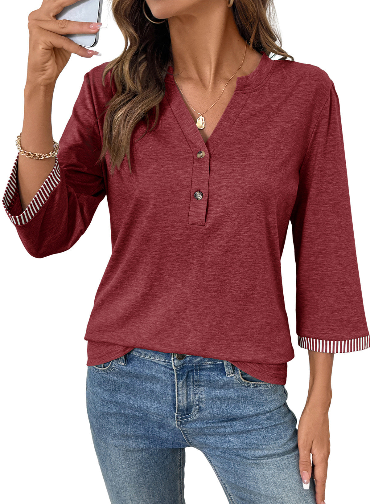 Dokotoo Womens Tops Fall 3/4 Length Sleeve Fashion Solid T-Shirts