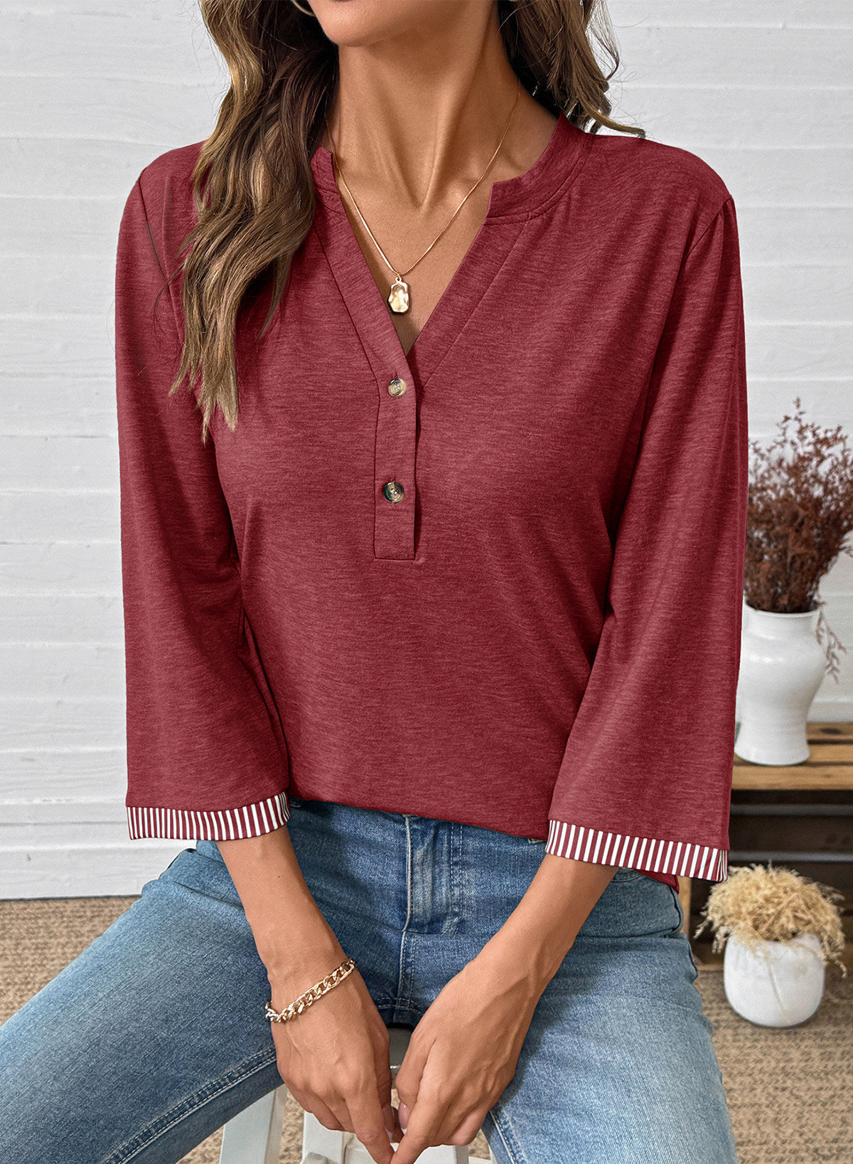 Dokotoo Womens Tops Fall 3/4 Length Sleeve Fashion Solid T-Shirts