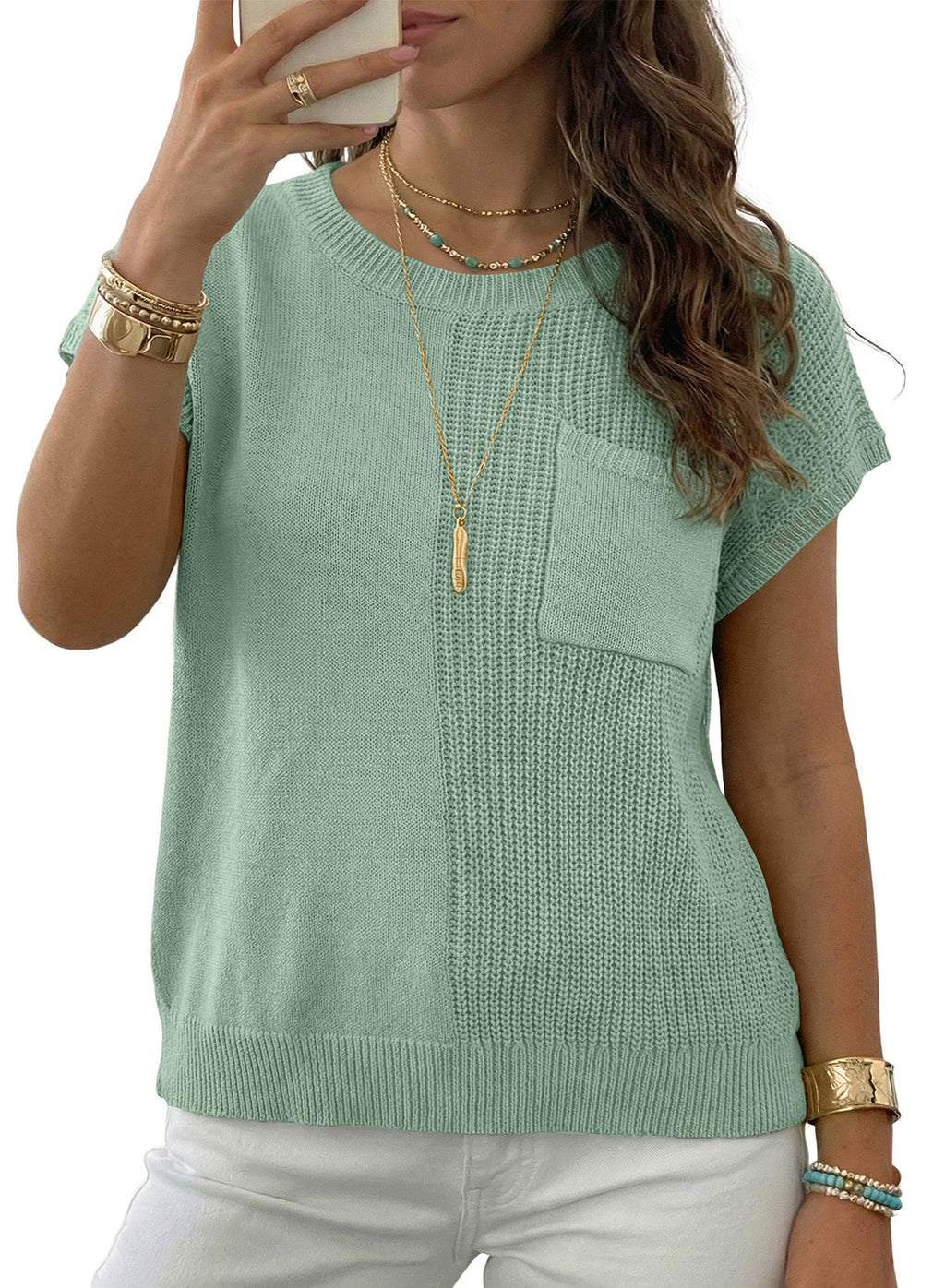 Mixed Knits Pocket Accented Short Sleeve Sweater