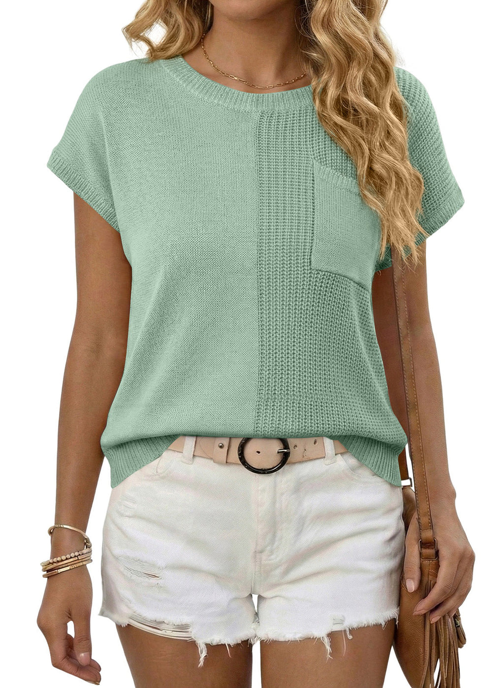 Mixed Knits Pocket Accented Short Sleeve Sweater
