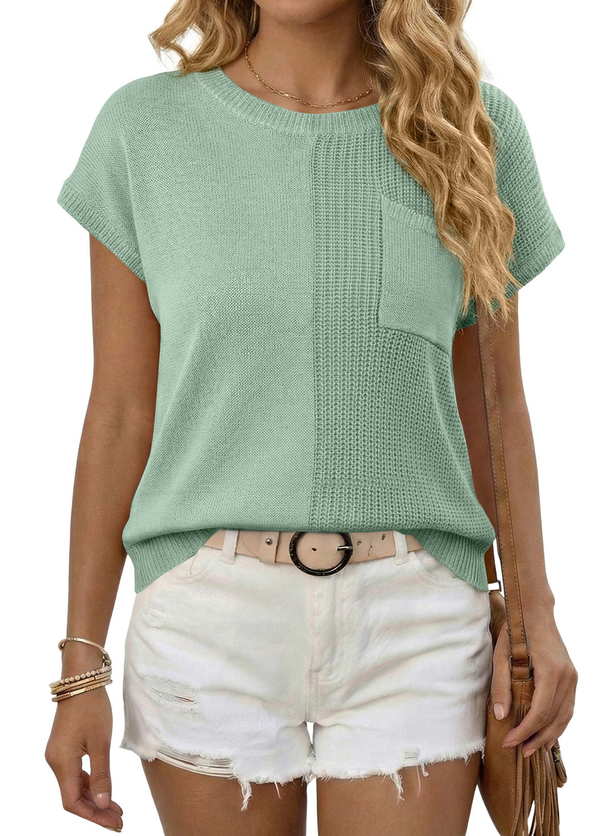 Mixed Knits Pocket Accented Short Sleeve Sweater