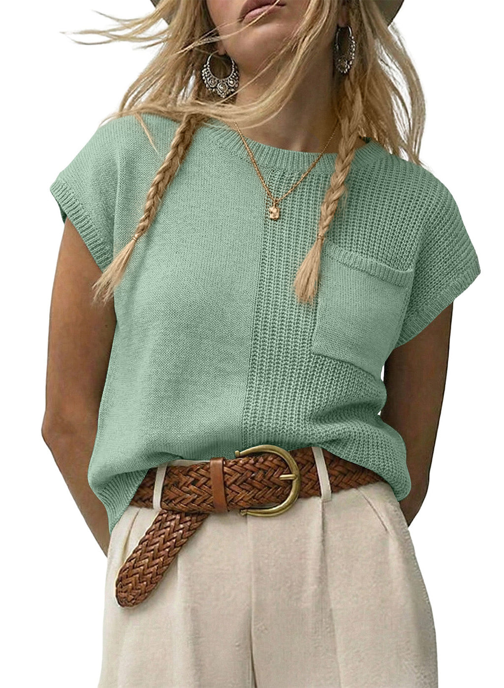 Mixed Knits Pocket Accented Short Sleeve Sweater