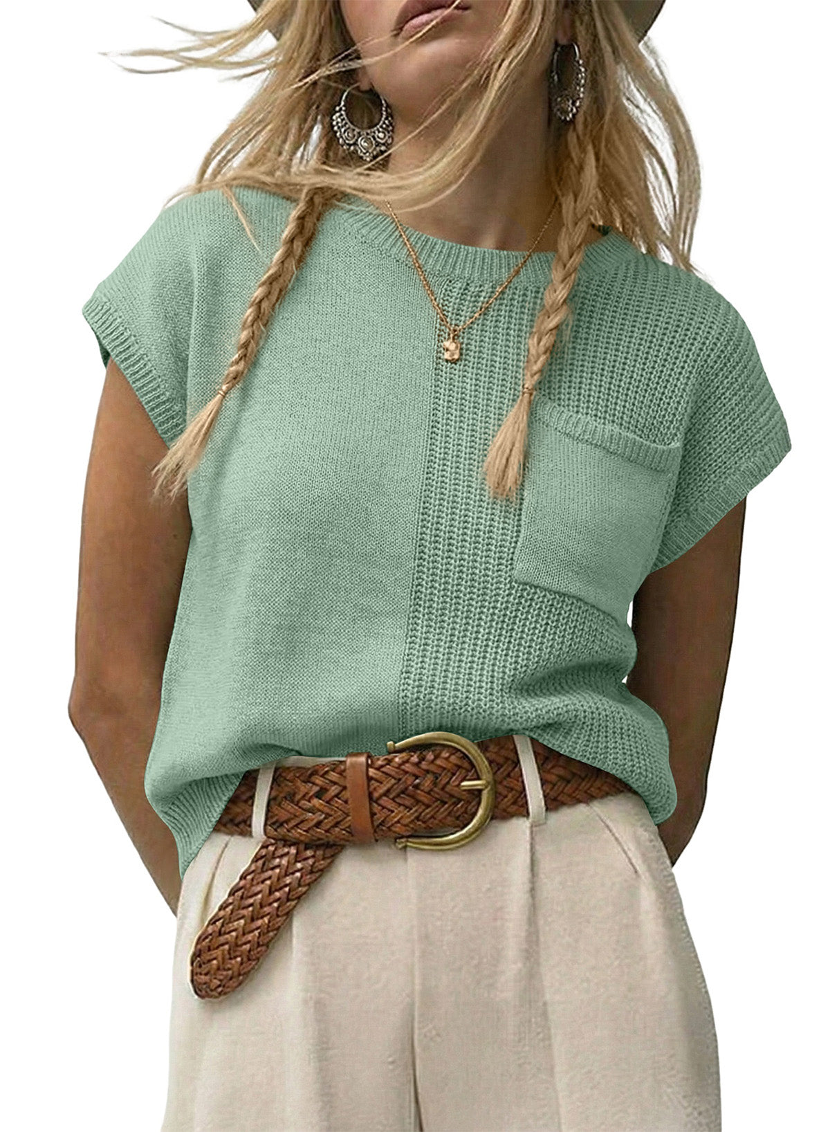 Mixed Knits Pocket Accented Short Sleeve Sweater