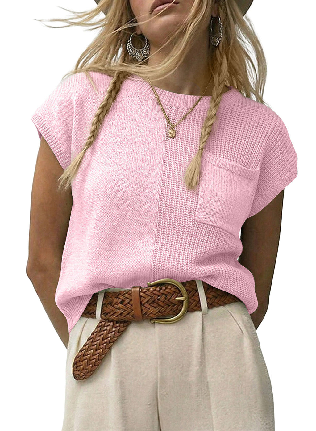 Mixed Knits Pocket Accented Short Sleeve Sweater