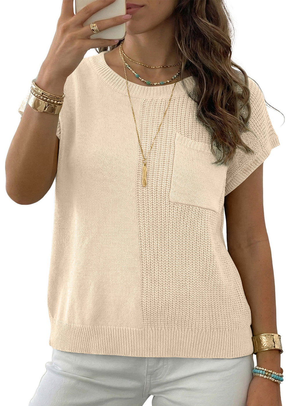 Mixed Knits Pocket Accented Short Sleeve Sweater