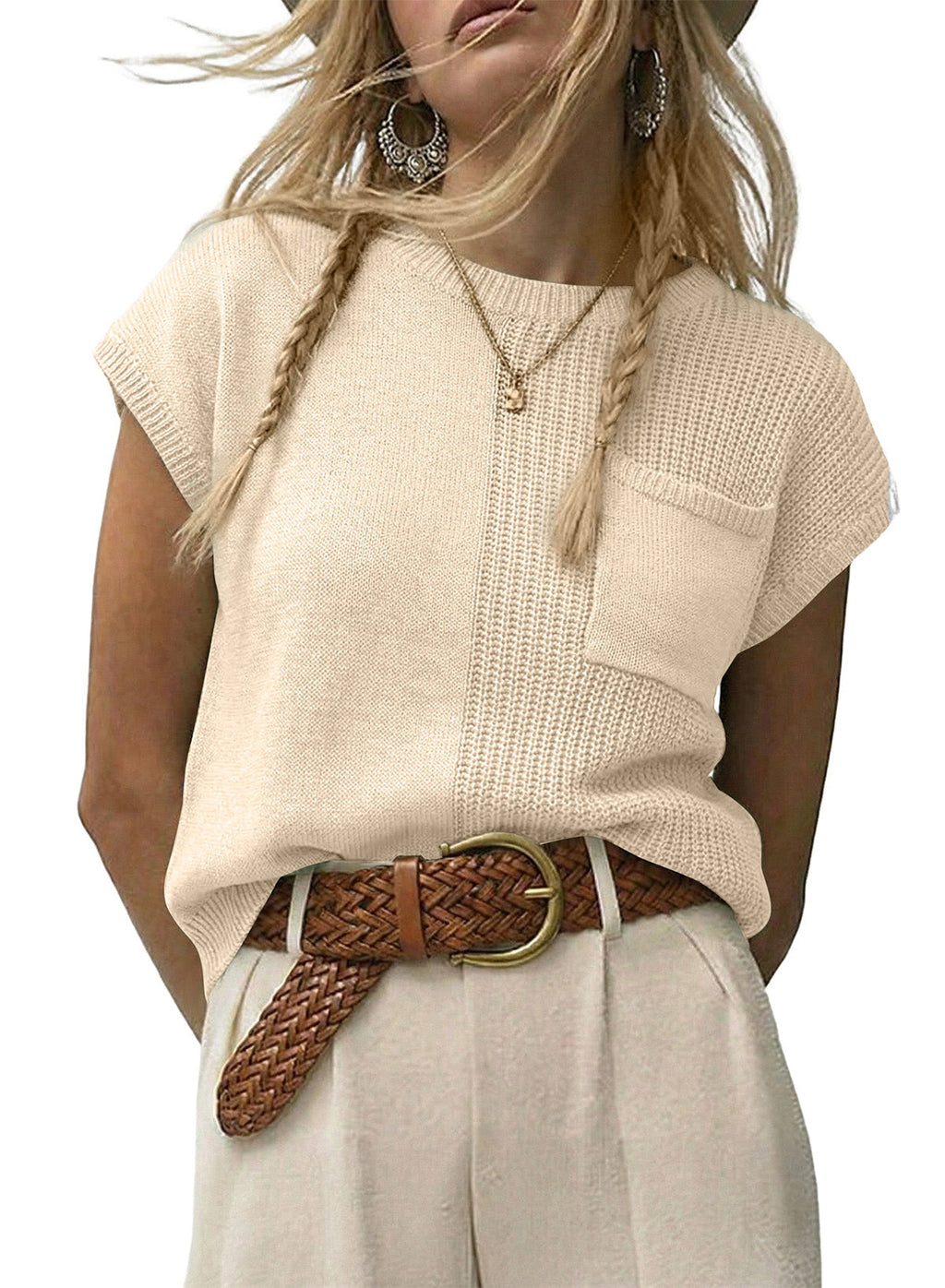 Mixed Knits Pocket Accented Short Sleeve Sweater