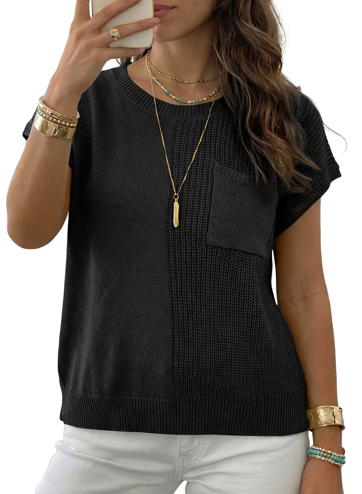 Mixed Knits Pocket Accented Short Sleeve Sweater