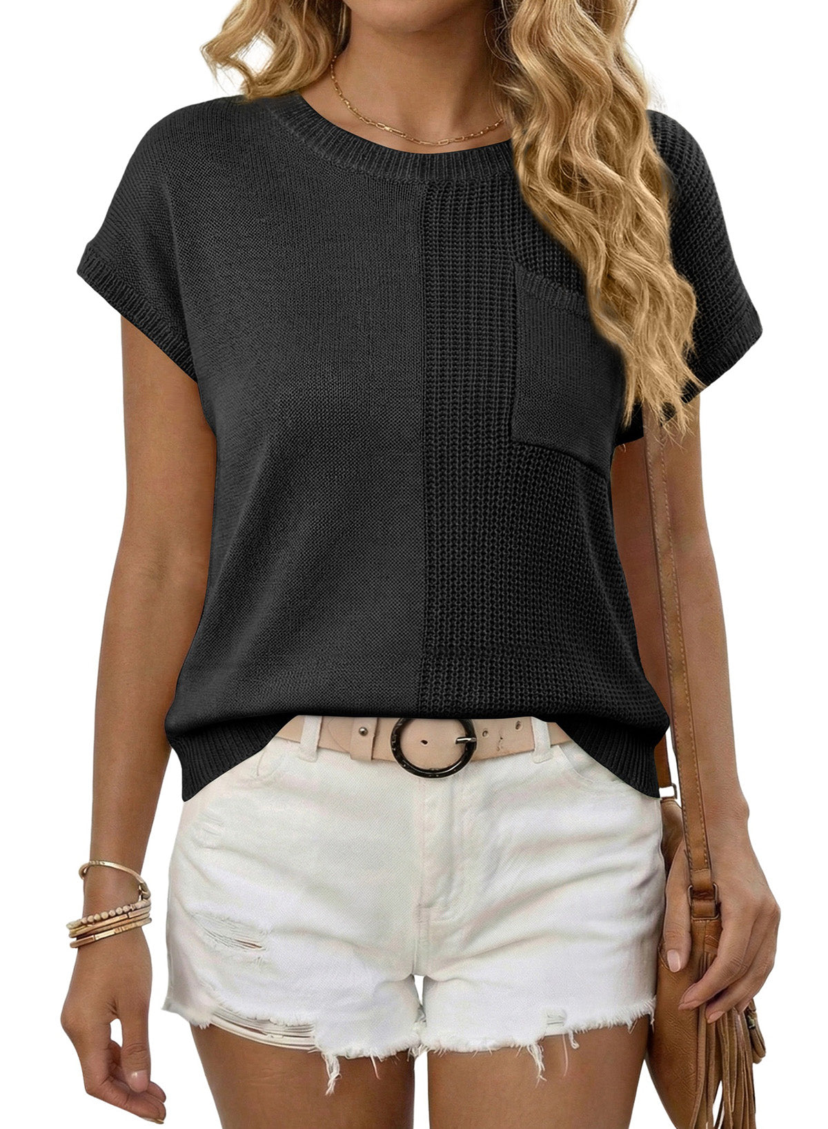 Mixed Knits Pocket Accented Short Sleeve Sweater