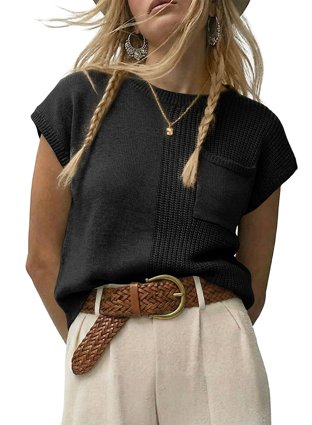 Mixed Knits Pocket Accented Short Sleeve Sweater