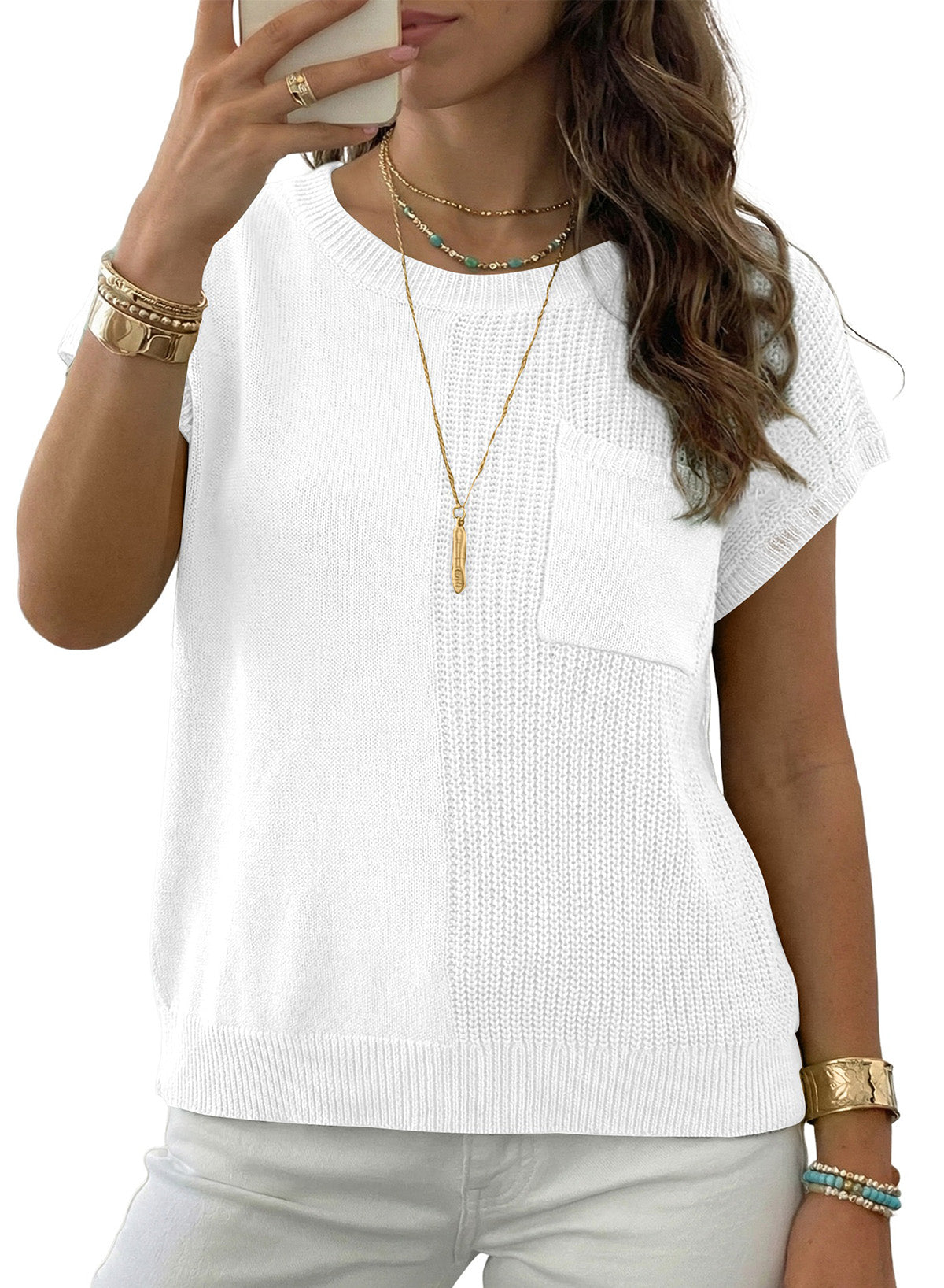Mixed Knits Pocket Accented Short Sleeve Sweater