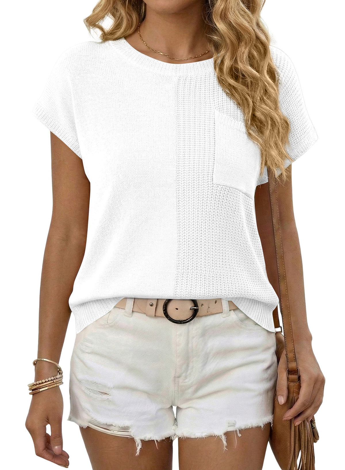 Mixed Knits Pocket Accented Short Sleeve Sweater