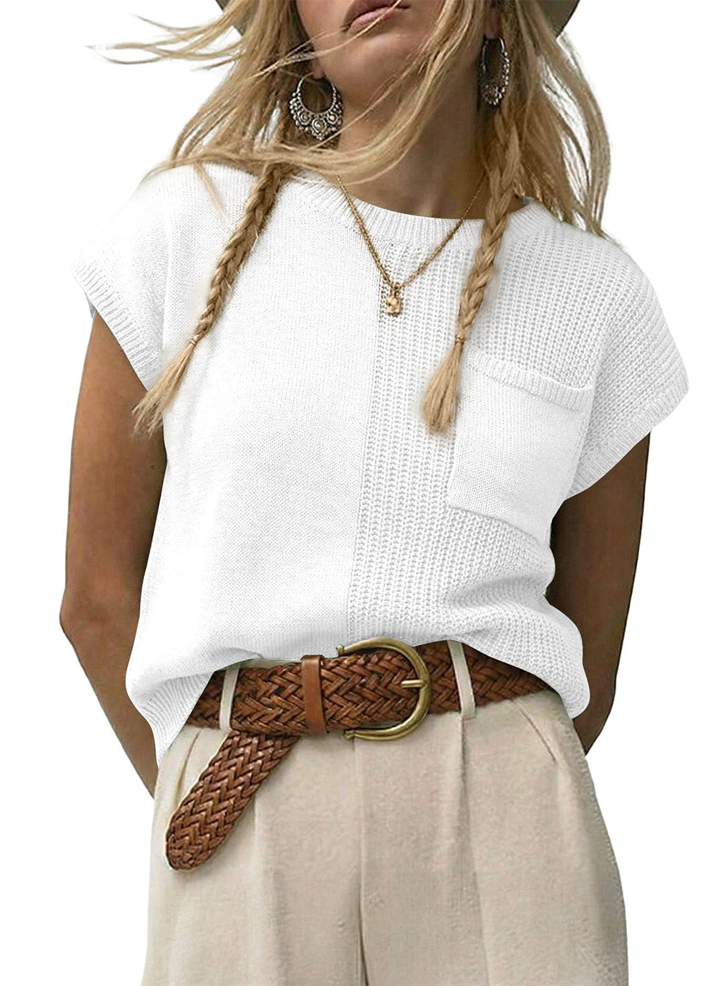 Mixed Knits Pocket Accented Short Sleeve Sweater