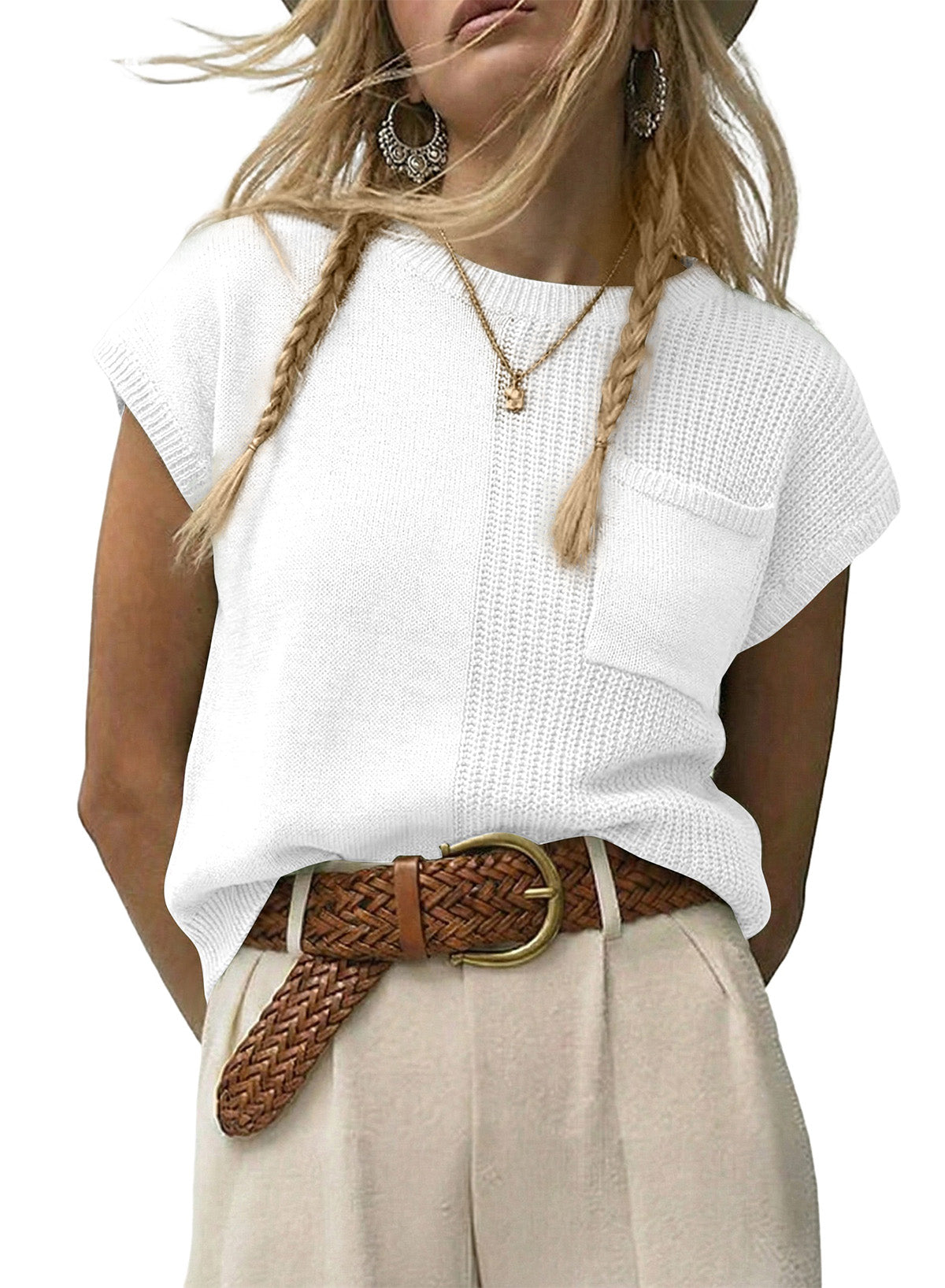 Mixed Knits Pocket Accented Short Sleeve Sweater
