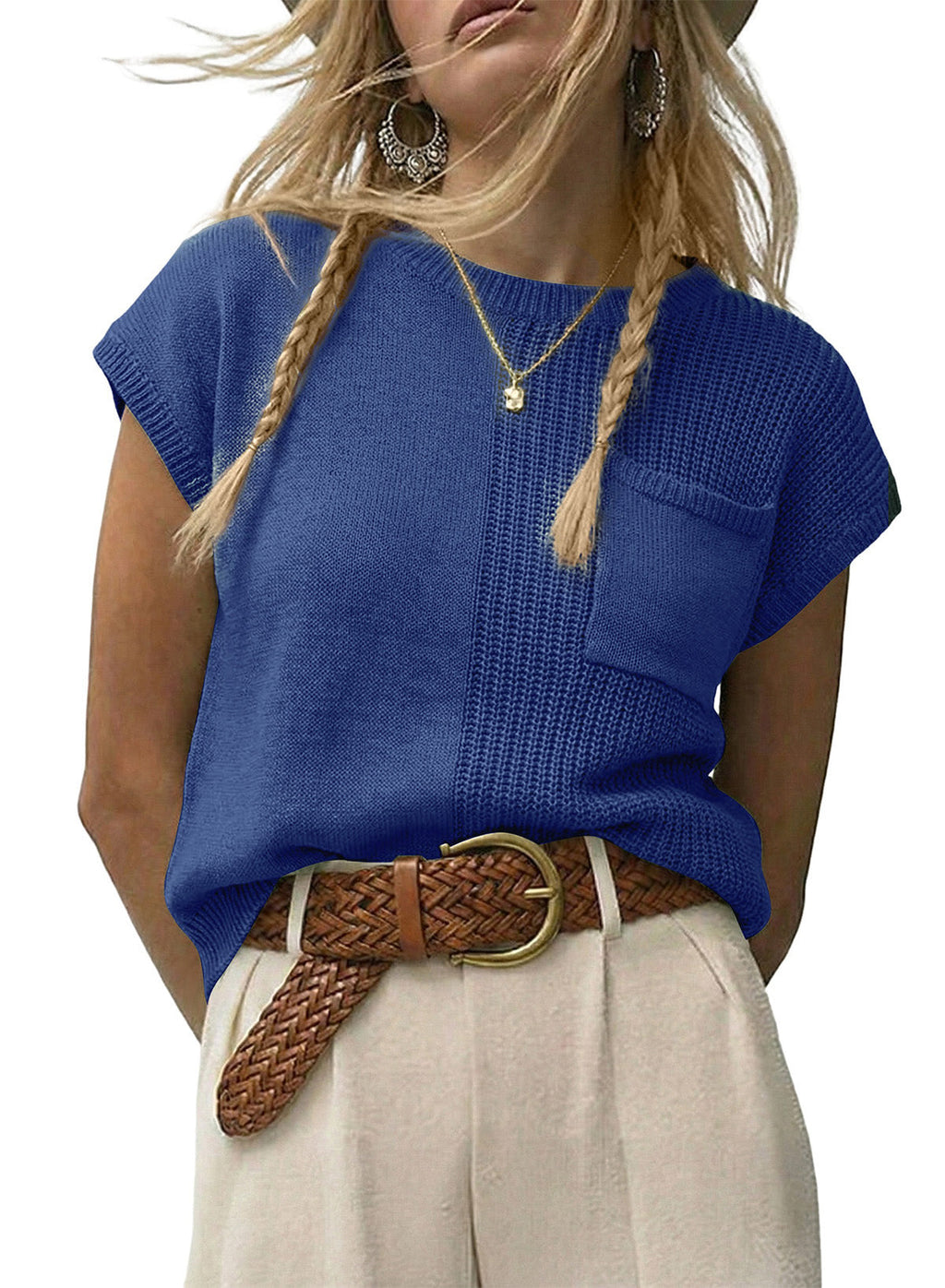 Mixed Knits Pocket Accented Short Sleeve Sweater