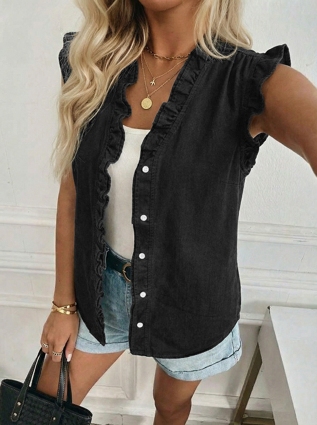 Dokotoo Denim Vest Women Sleeveless Tops Button Up Peplum V Neck Jean Vest