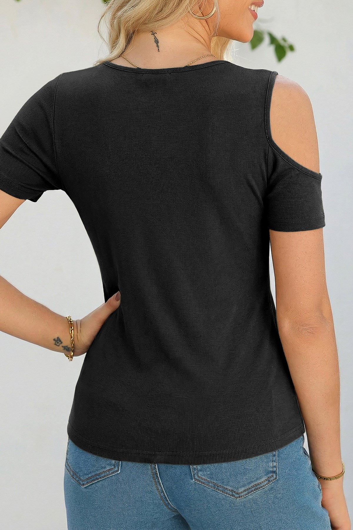 Women Short Sleeve Metal Decorated Hollow Out Solid Color Fashion T-Shirt