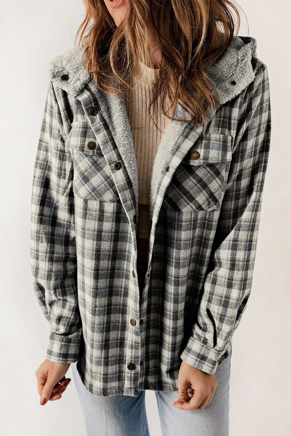 Dokotoo Womens Plaid Shacket Jacket Long Sleeve Button Down Fleece Hooded Jackets Warm Coat