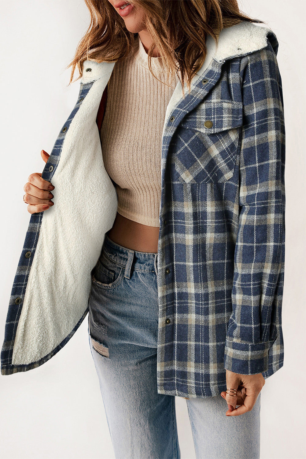 Dokotoo Womens Plaid Shacket Jacket Long Sleeve Button Down Fleece Hooded Jackets Warm Coat