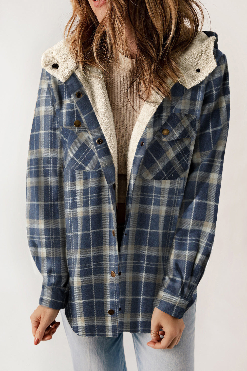 Dokotoo Womens Plaid Shacket Jacket Long Sleeve Button Down Fleece Hooded Jackets Warm Coat