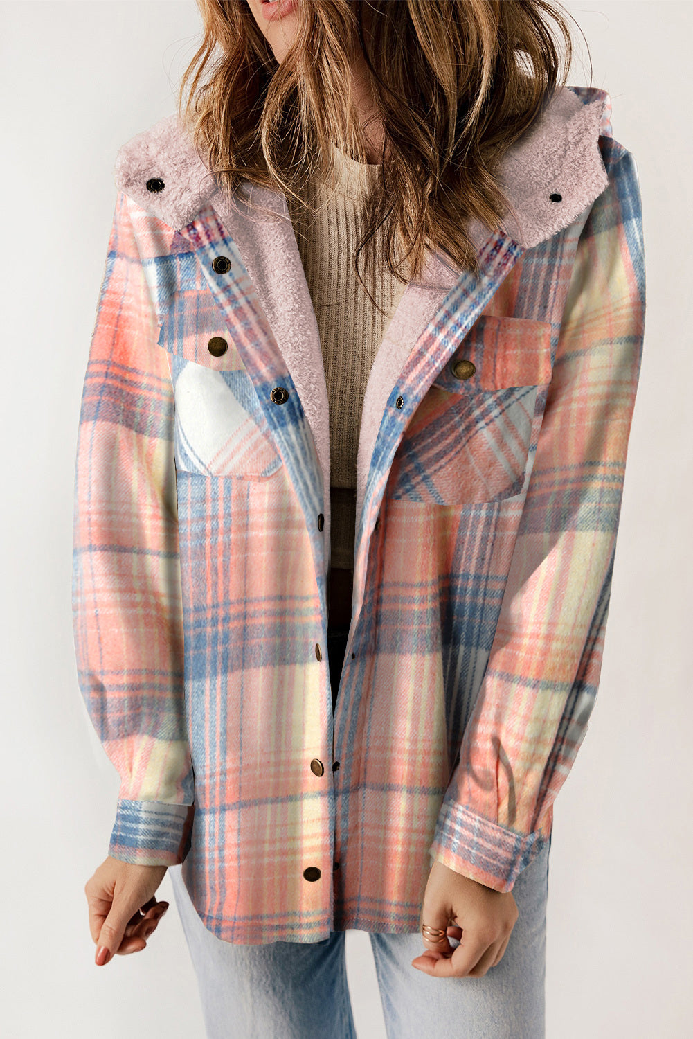 Dokotoo Womens Plaid Shacket Jacket Long Sleeve Button Down Fleece Hooded Jackets Warm Coat