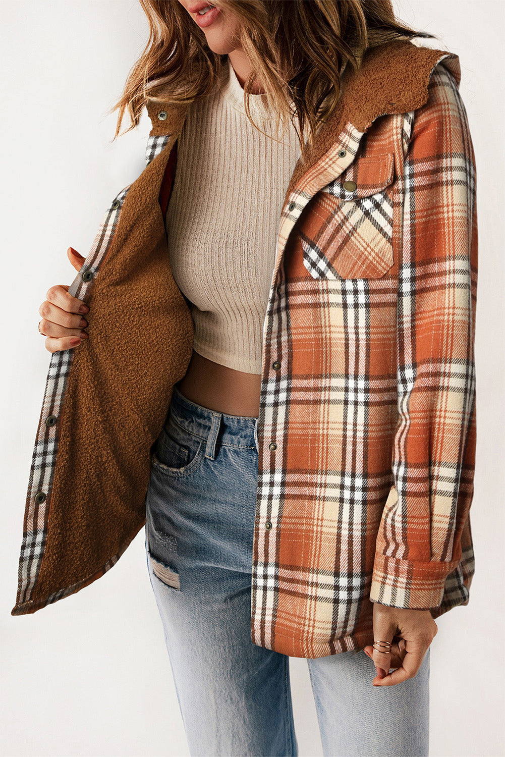 Dokotoo Womens Plaid Shacket Jacket Long Sleeve Button Down Fleece Hooded Jackets Warm Coat