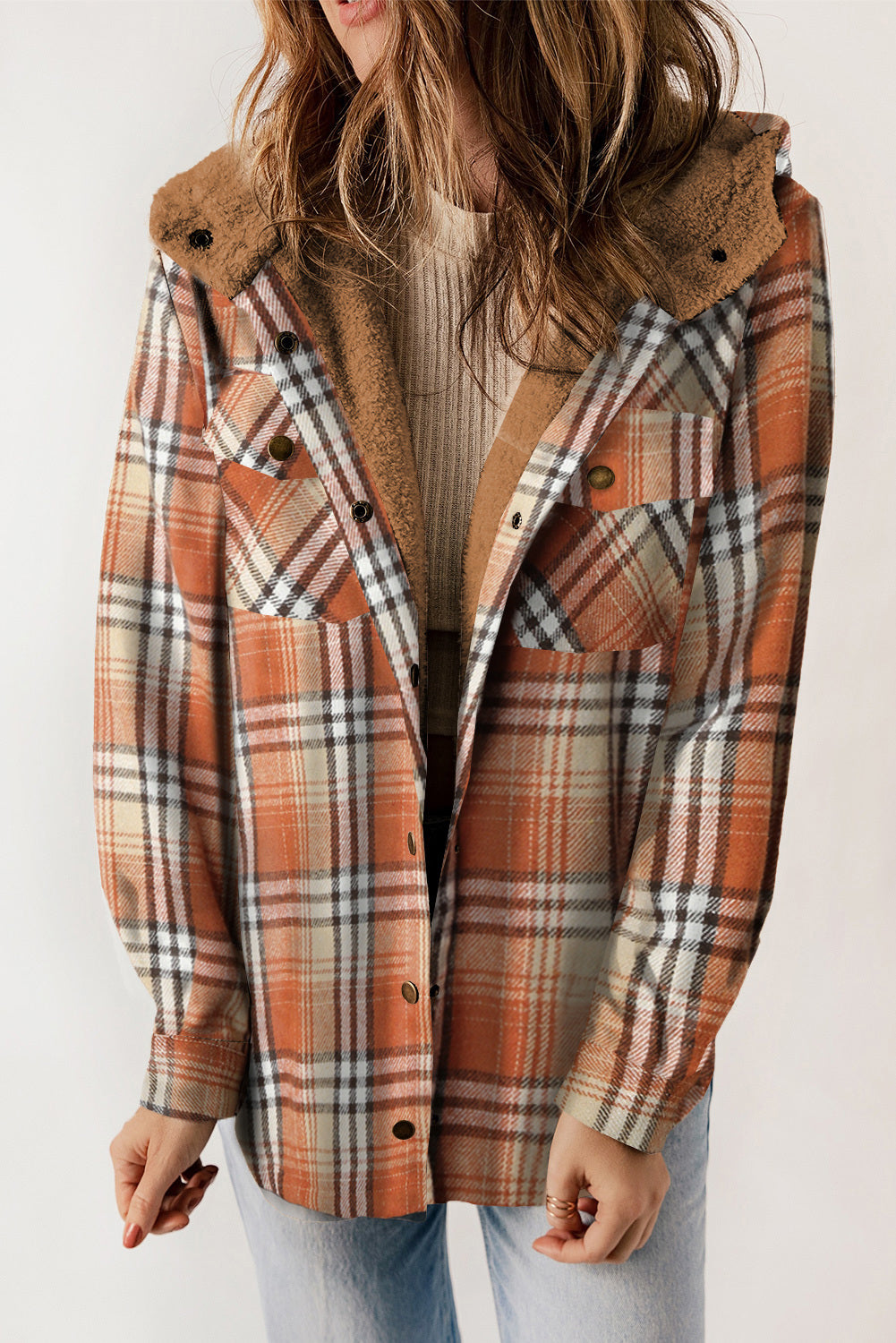 Dokotoo Womens Plaid Shacket Jacket Long Sleeve Button Down Fleece Hooded Jackets Warm Coat